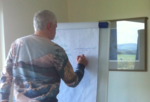 White man with grey hair in Jumper with back to camera writing on flipchart